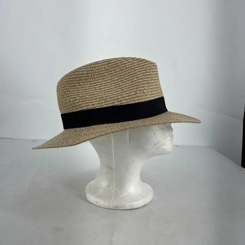 Wallaroo Hat Company Palm Beach Fedora Tan Black Straw Sun Hat L XL Adjustable